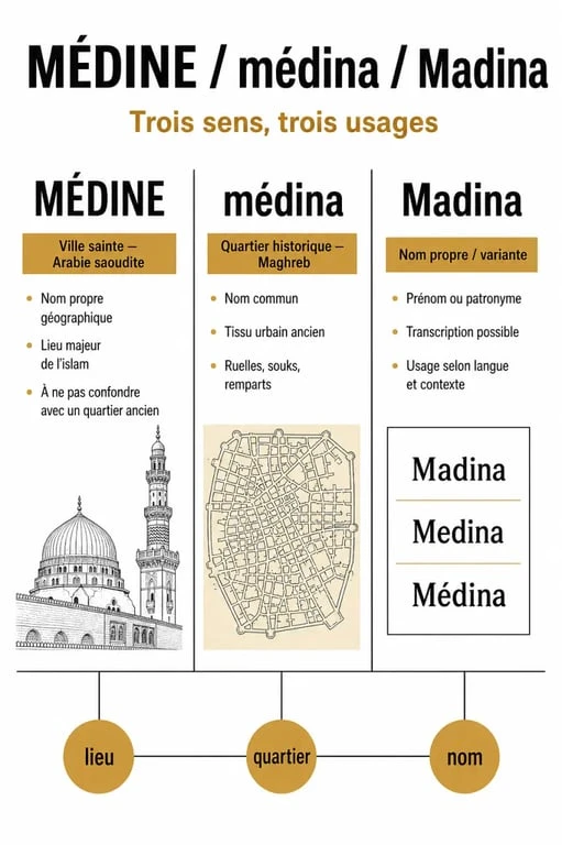 Infographie comparative des significations du terme Madina : ville sainte, concept urbain et nom propre