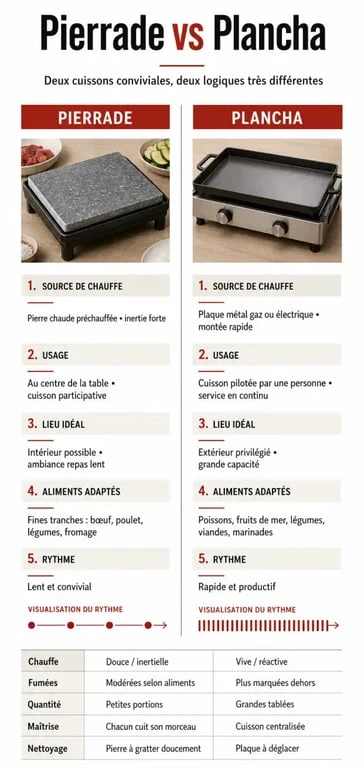 Pierrade ou plancha : visuel comparatif des différences de chauffe, d’usage et d’aliments