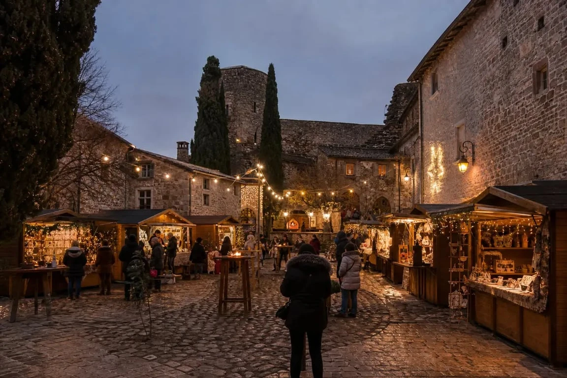 Marché de Noël en Ardèche dans un village de pierre illuminé
