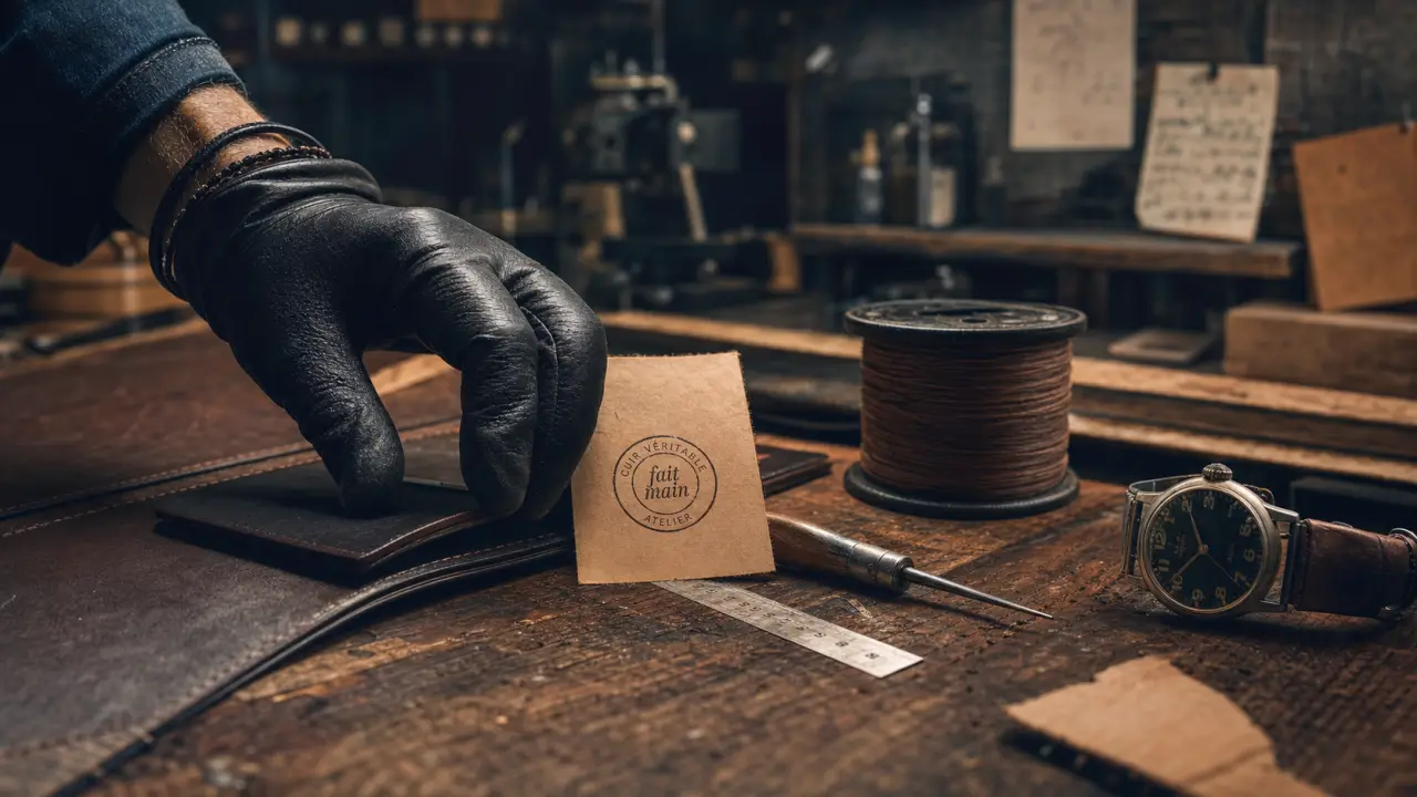 Fabrication artisanale : étiquette “fait main” et cuir, fabriqué en France