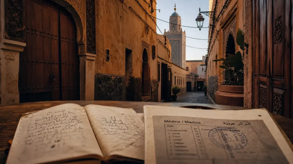 Madina et Médine : carte “Médina / Madina” sur table