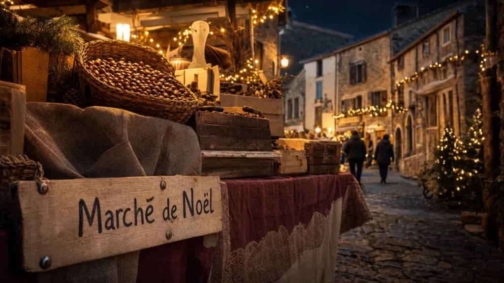 Marche de noel en ardeche : étal artisanal sur place de village illuminée