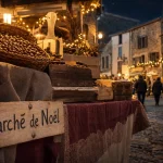 Marche de noel en ardeche : étal artisanal sur place de village illuminée