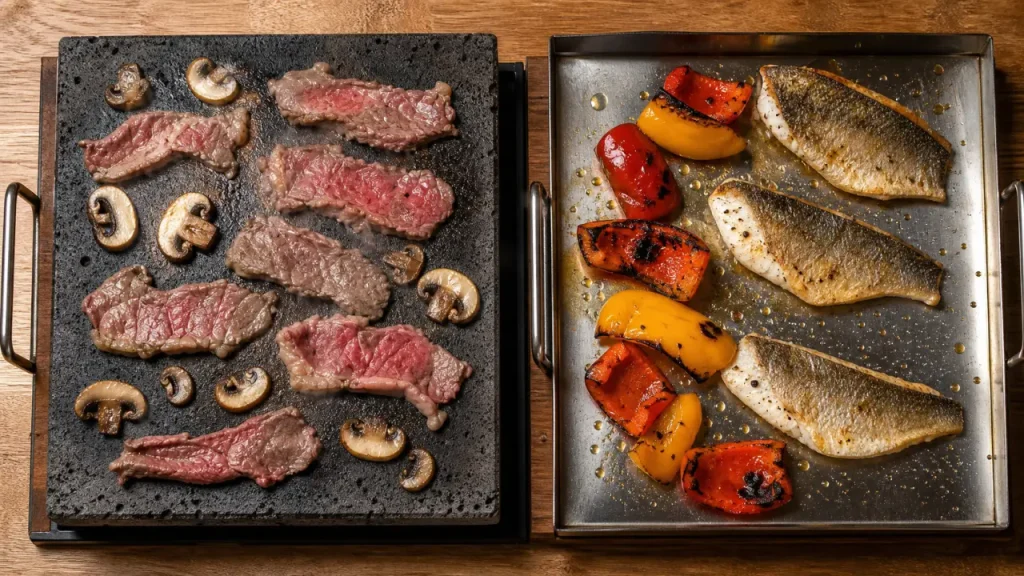 Pierrade ou plancha : bœuf et poisson grillés côte à côte