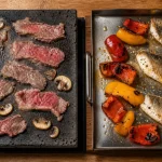 Pierrade ou plancha : bœuf et poisson grillés côte à côte