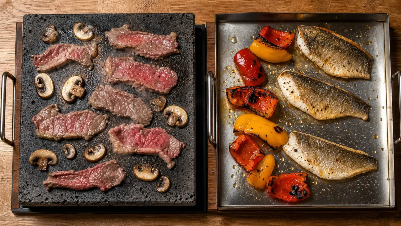 Pierrade ou plancha : bœuf et poisson grillés côte à côte