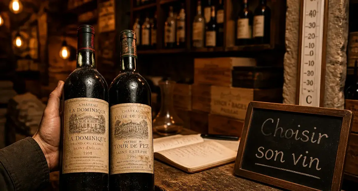 Achat vin paris en cave : main compare deux bouteilles de vin rouge