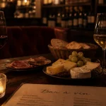 Bar à vin romantique paris : verres de vin rouge et blanc, bougie, ambiance feutrée