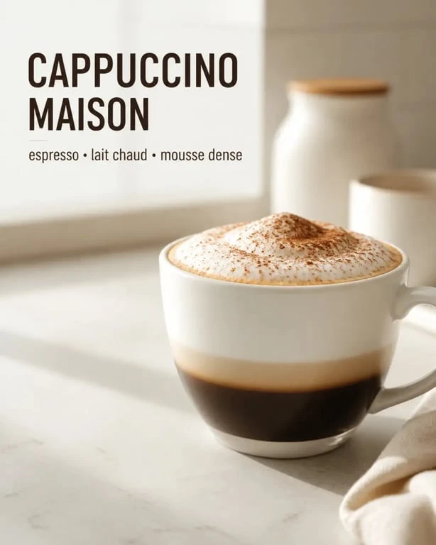 Recette cappuccino maison servie dans une tasse blanche avec mousse dense et cacao