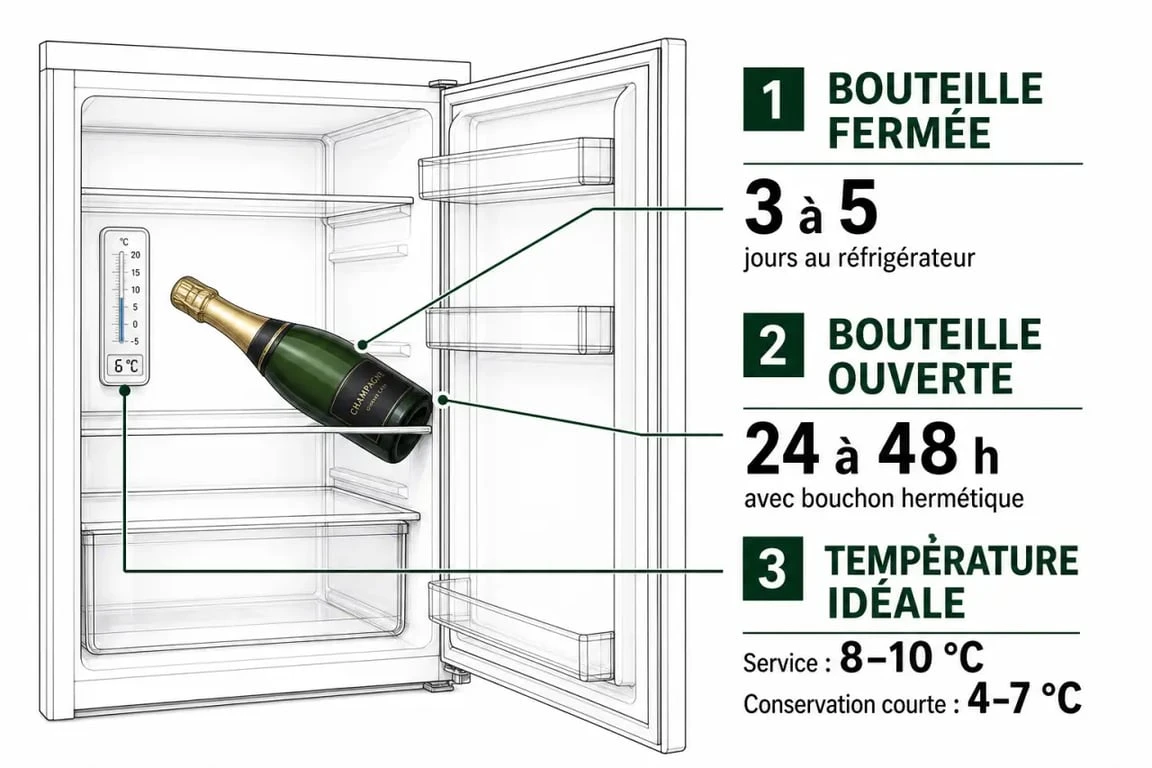 Champagne au frigo combien de temps : schéma éditorial montrant la conservation d’une bouteille fermée et ouverte