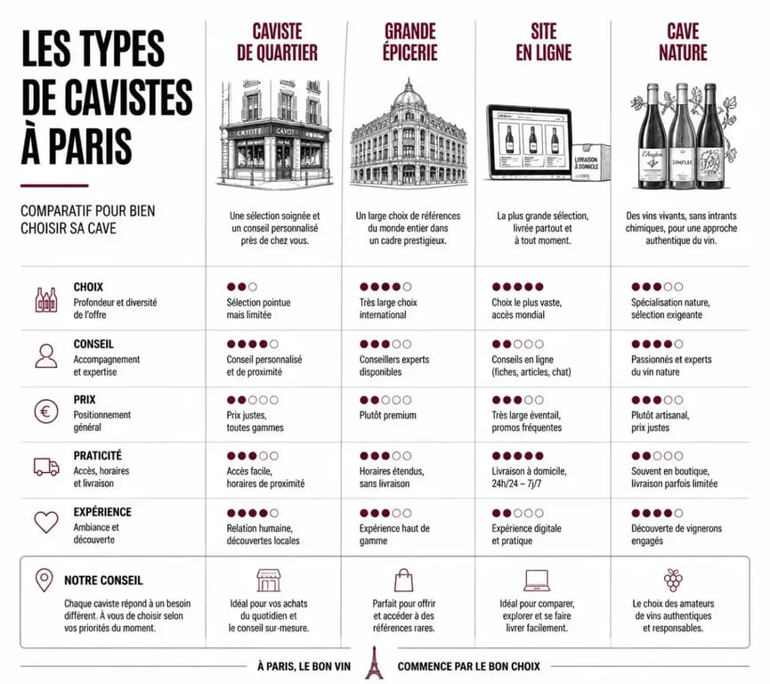 Comparatif des types de cavistes pour l'achat de vin à Paris
