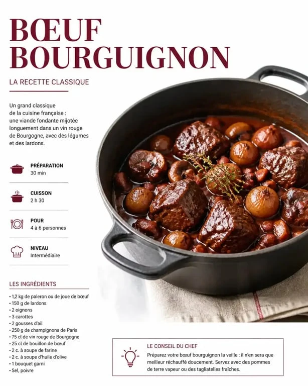 Bœuf Bourguignon classique pour accompagner un achat de vin à Paris