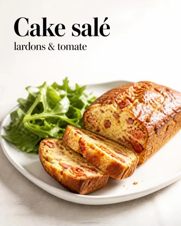Recette sale de cake salé rapide aux lardons et tomate, servi en tranches sur assiette blanche