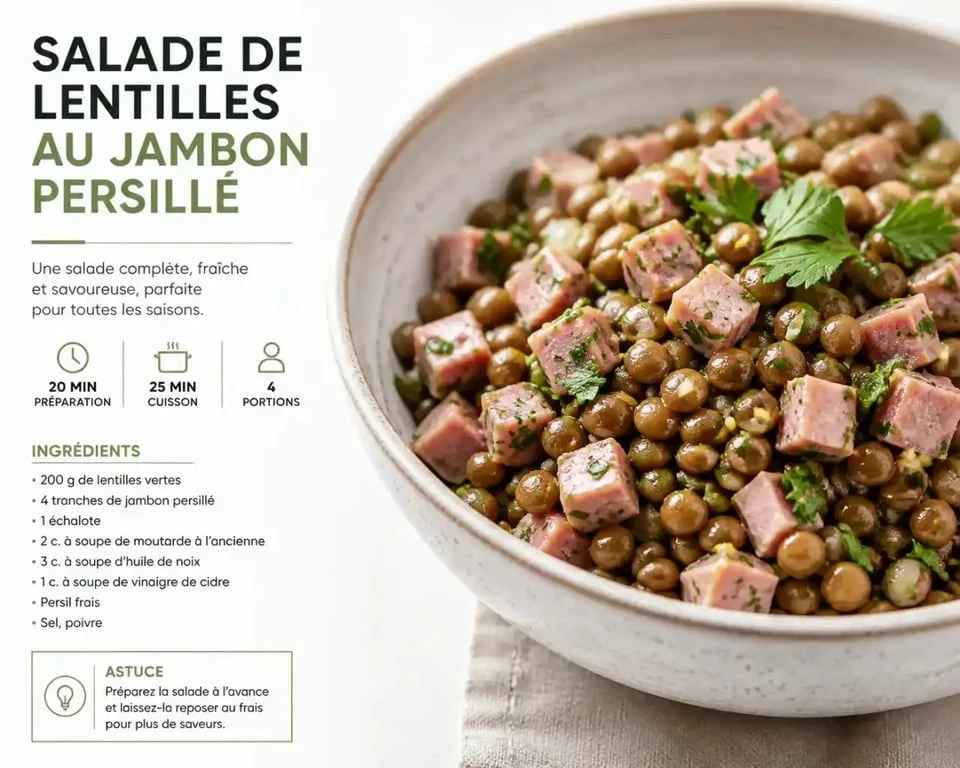 Recette de salade de lentilles au jambon persillé pour un repas à emporter