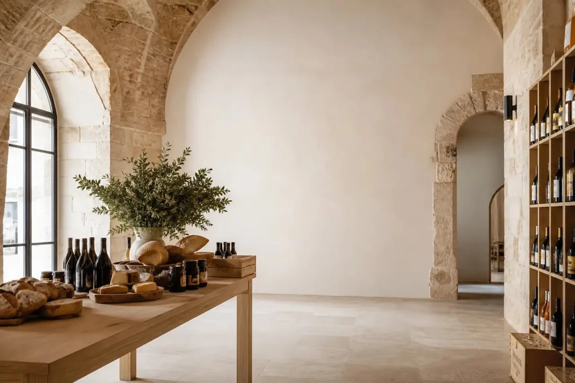 Maison régionale des vins et des produits du terroir à Montpellier, intérieur patrimonial avec vins et produits régionaux