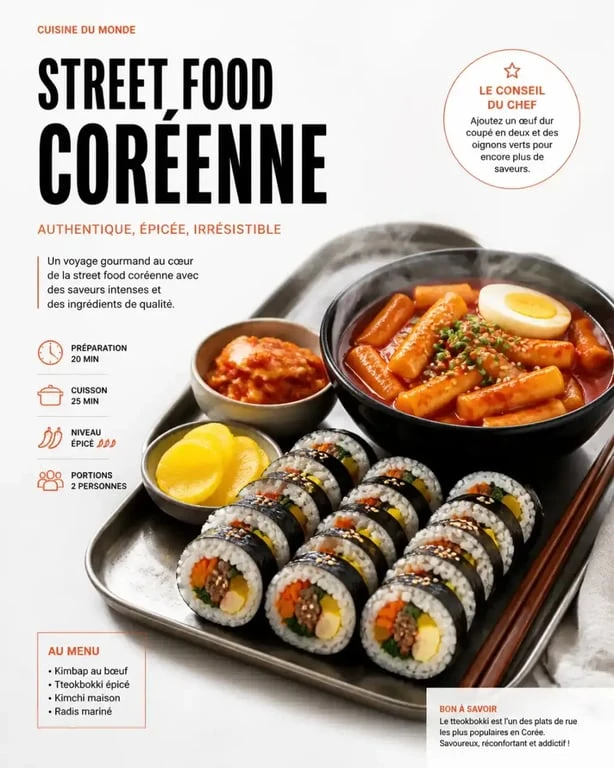 Assortiment de street food coréenne chez Sopoong à Bordeaux avec kimbaps et tteokbokki