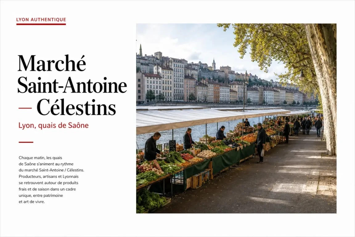 Marché alimentaire Saint-Antoine Célestins à Lyon sur les quais, vue d’ensemble des étals