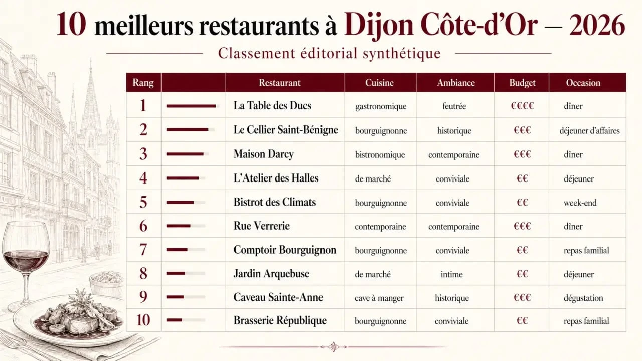 Les 10 meilleurs restaurants à Dijon Côte-d'Or 2026 : classement éditorial des types de tables à privilégier