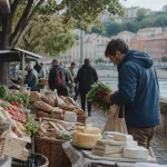 Marché alimentaire saint-antoine célestins à Lyon : étals au quai Saint-Antoine, légumes et fromages