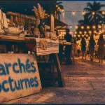 Marché nocturne oléron : stands d’artisans et guirlandes au soir