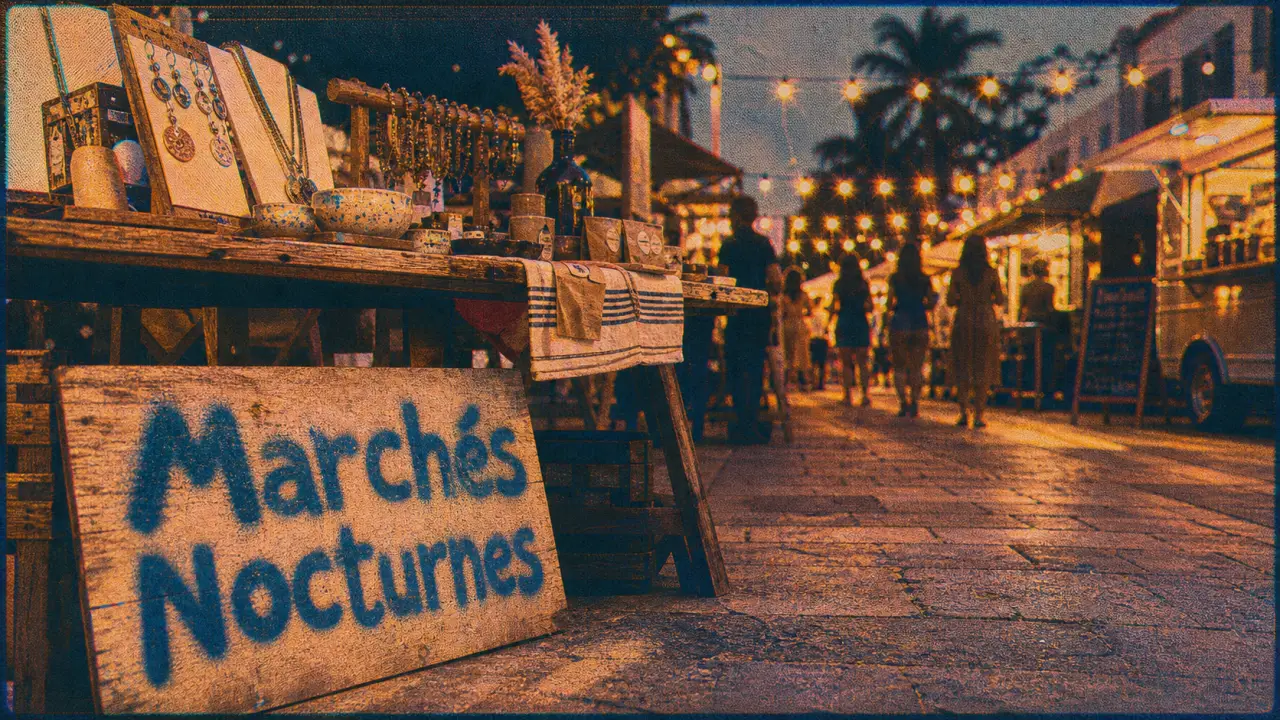 Marché nocturne oléron : stands d’artisans et guirlandes au soir