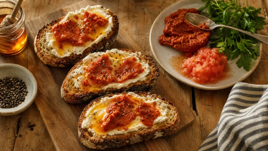 Soubressade fondante en tartines, tapas et plats chauds