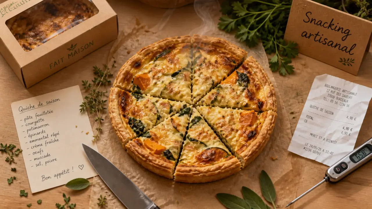 Snack boulangerie en vitrine : quiche et ticket de caisse