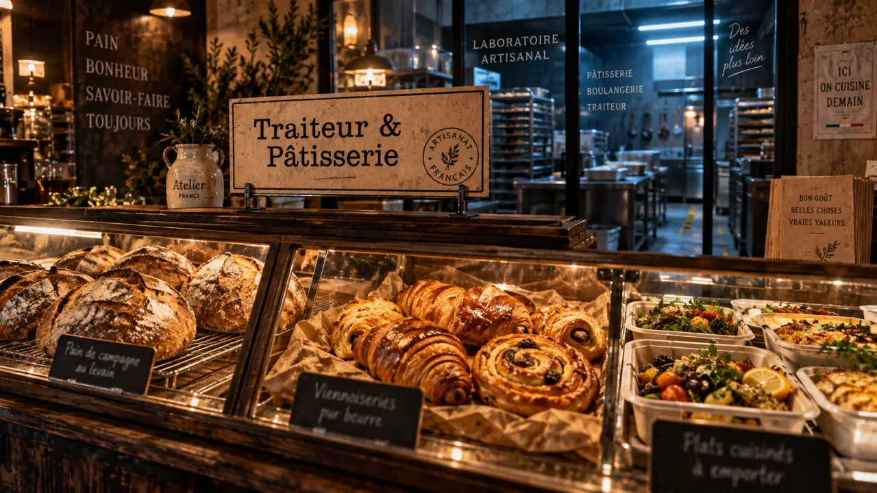 Boulangerie, pâtisserie et traiteur : vitrine de produits prêts à emporter