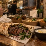 Durum street food levantine : lavash fendu et adana, sauces toum et tzatziki