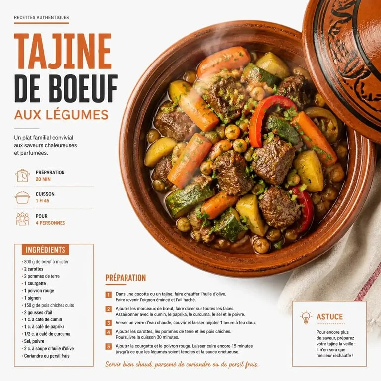 Tajine de bœuf fondant aux légumes, recette traditionnelle réalisée avec la viande de Medina Viandes