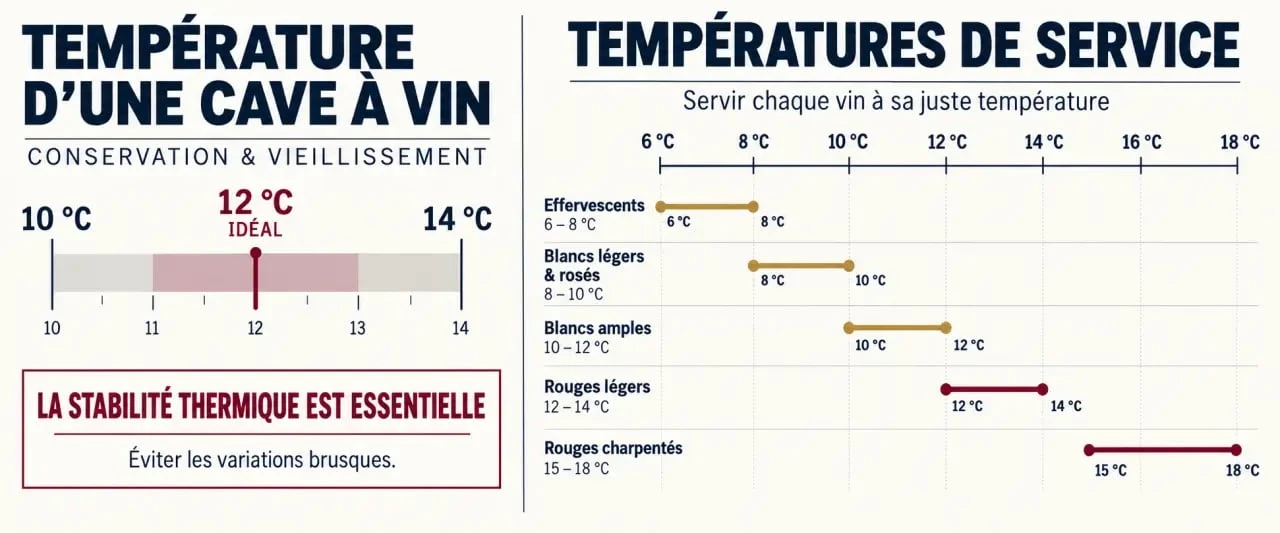 Infographie sur quelle température pour une cave à vin, avec 12 °C pour le vieillissement et les températures de service par type de vin