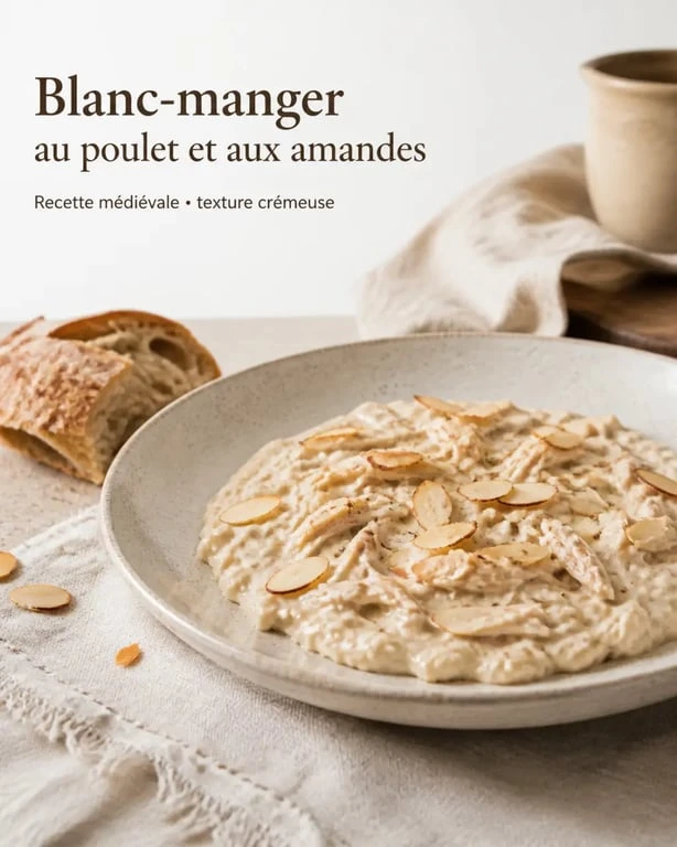 Recettes médiévales : blanc-manger au poulet et aux amandes servi dans une assiette rustique