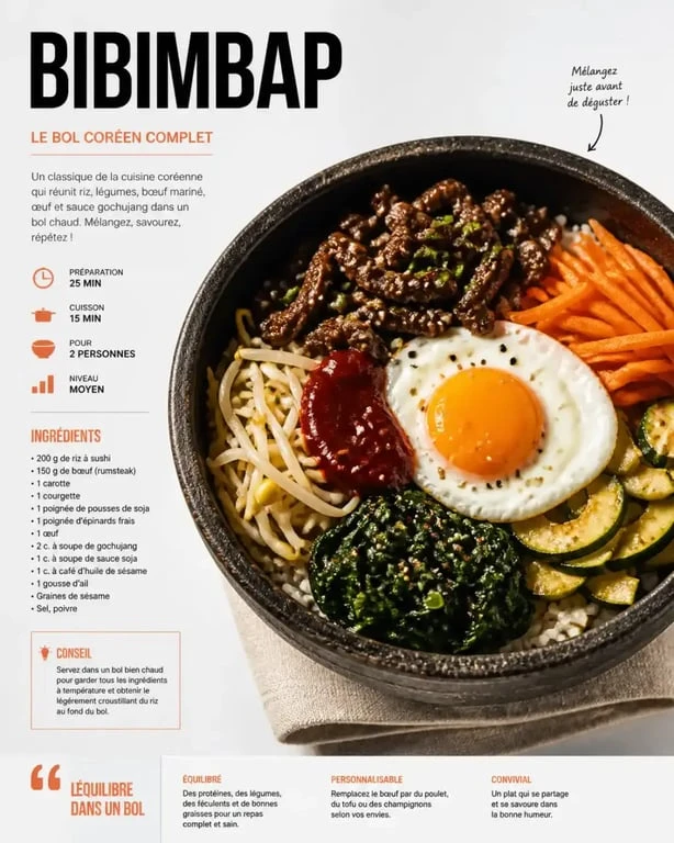 cuisine coreenne recettes : bibimbap maison avec riz, légumes, bœuf mariné et œuf au plat