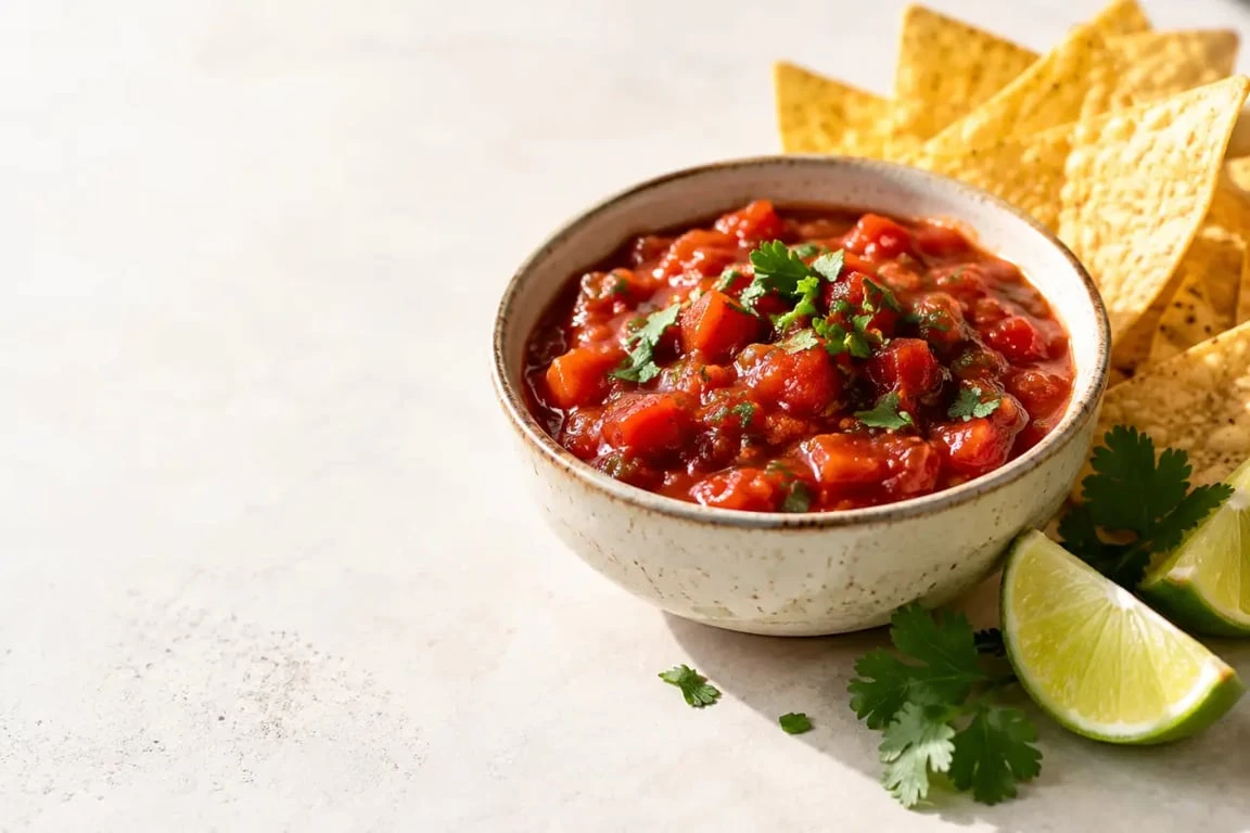 Recette sauce salsa maison cuite servie avec des nachos, tomates, coriandre et citron vert