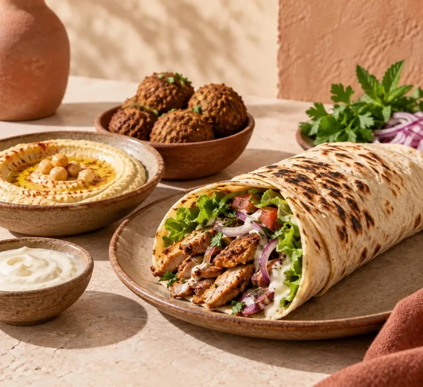 Durum street food levantine en lavash accompagné de mezzés
