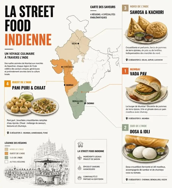 Street food indien : carte visuelle des spécialités régionales à goûter en Inde