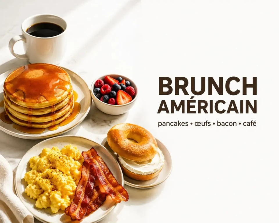 Cuisine americaine recettes : brunch américain avec pancakes, œufs brouillés et sirop d’érable