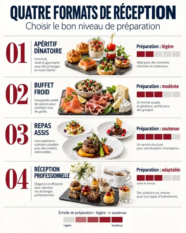 Produits festifs traiteur adaptés à quatre formats de réception