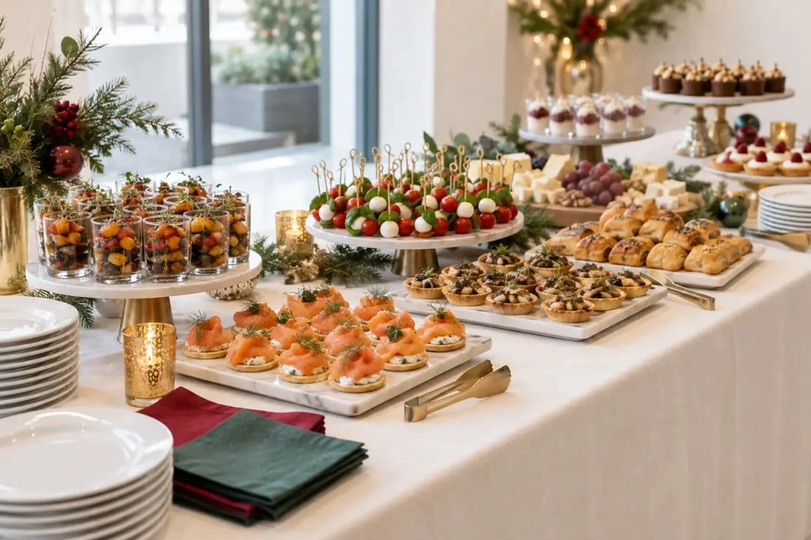 Traiteur Noël pour entreprise avec buffet cocktail et options végétariennes