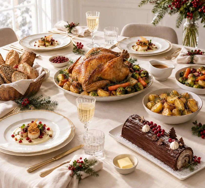 Menu de traiteur Noël familial avec plat à partager et dessert de fête