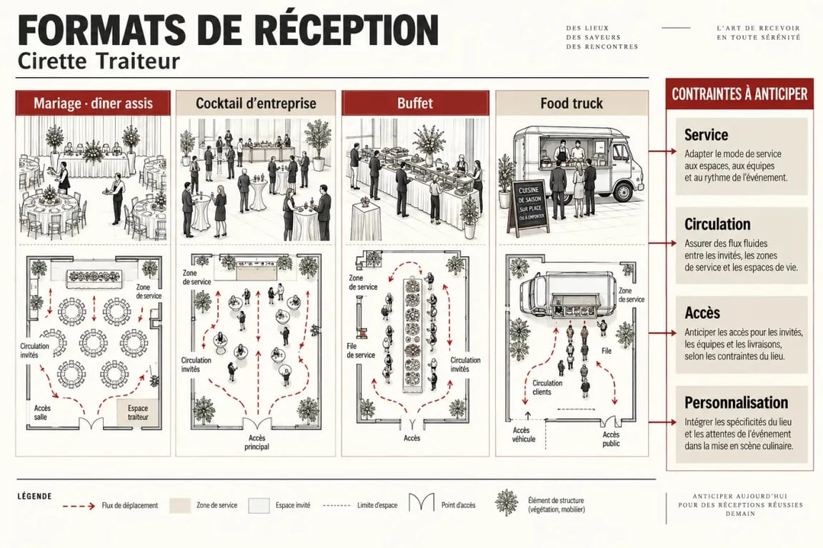 Cirette Traiteur : formats de réception et contraintes logistiques pour mariage et événement professionnel