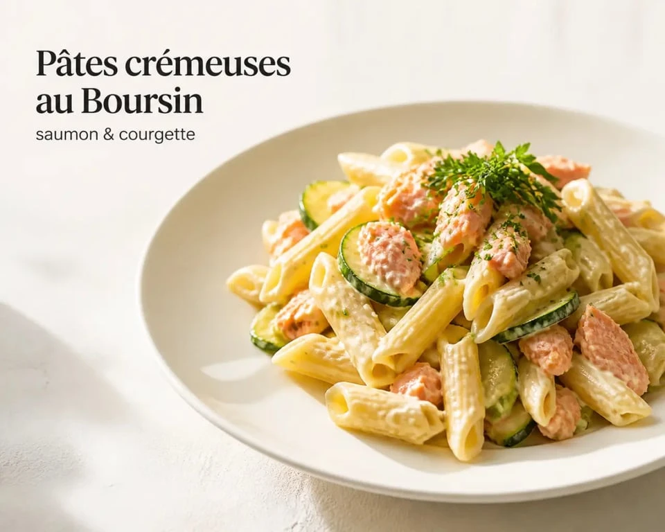 Boursin recettes cuisine : pâtes crémeuses au saumon et courgette dans une assiette dressée