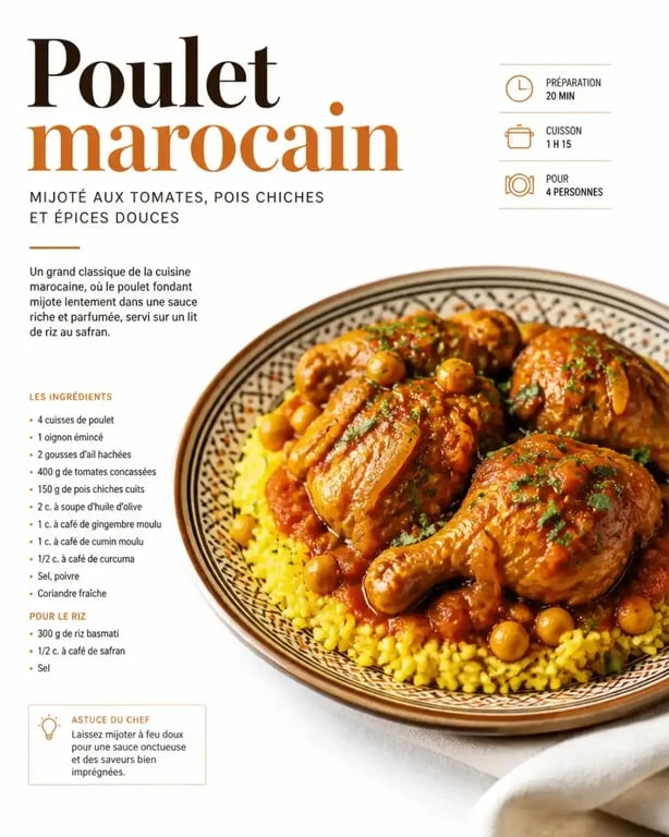 Recette au poulet marocain mijoté servi sur riz au safran avec pois chiches et sauce aux tomates