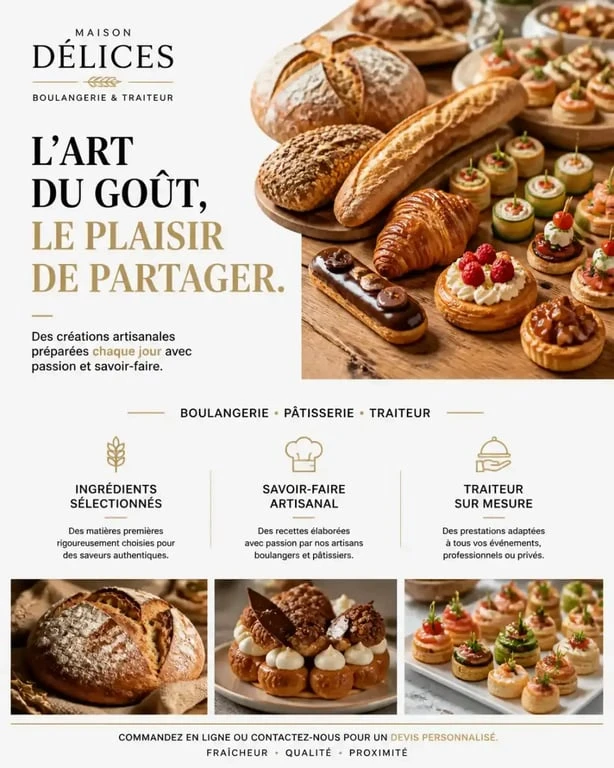 Présentation d'une offre combinée boulangerie pâtisserie traiteur en boutique artisanale