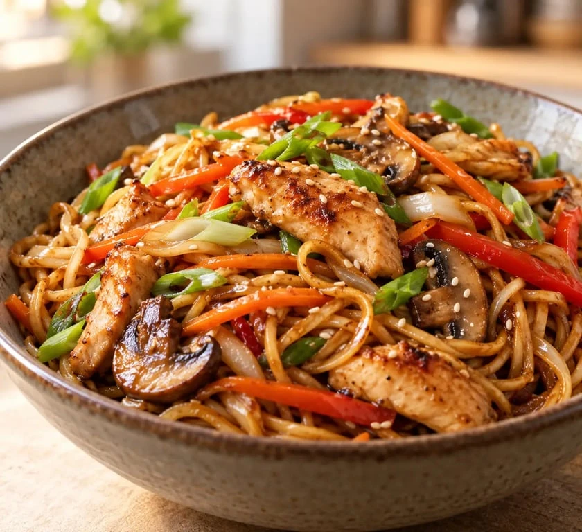 Recette de cuisine chinoise traditionnelle : nouilles sautées au poulet et aux légumes