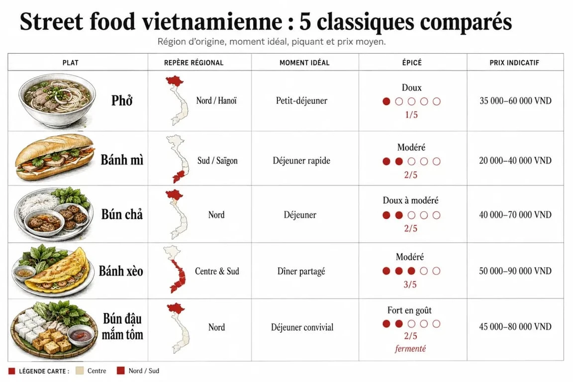 Comparatif food street Vietnam par région, prix, épicé et moment idéal