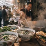 Food street vietnam : phở fumant et bánh mì sur étal