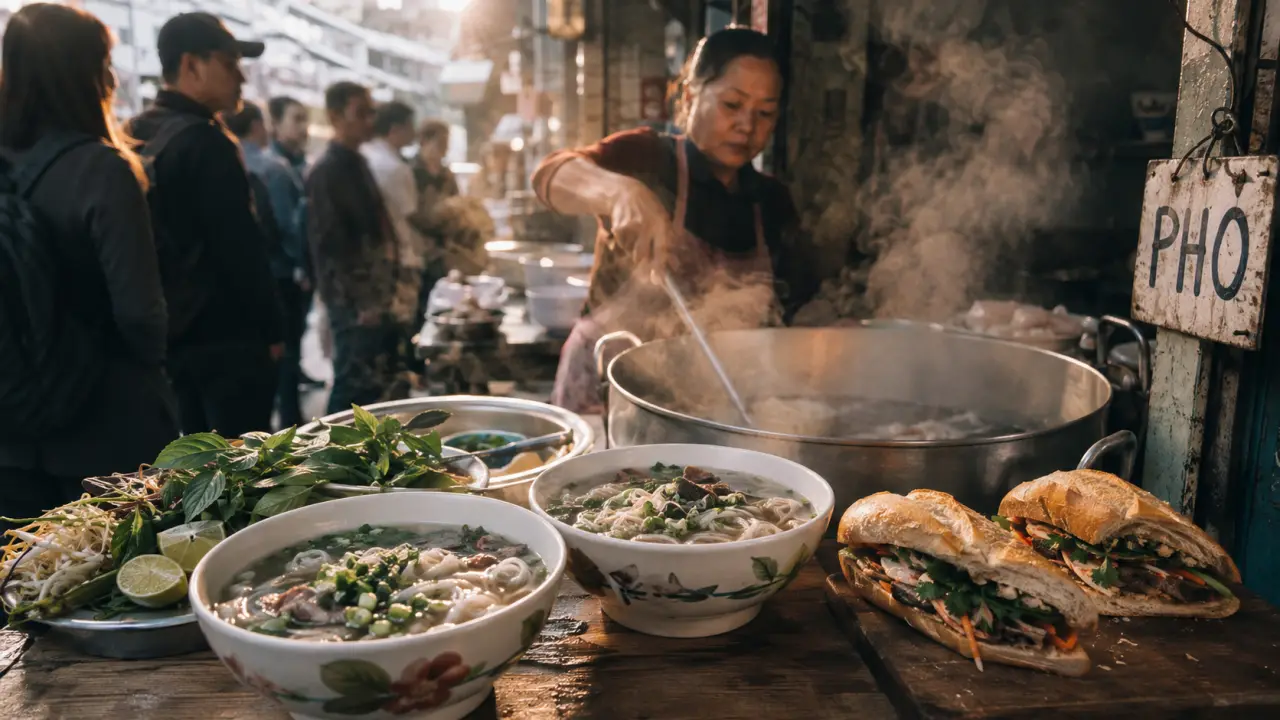Food street vietnam : phở fumant et bánh mì sur étal