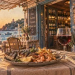 Le cabanon et sa cave à vin à Lacanau : poisson grillé, frites maison et verre de vin