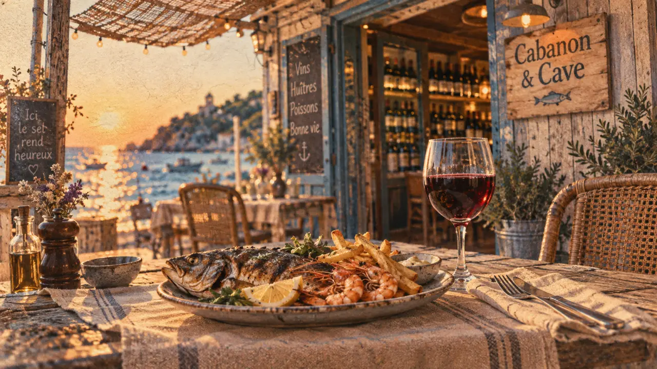 Le cabanon et sa cave à vin à Lacanau : poisson grillé, frites maison et verre de vin